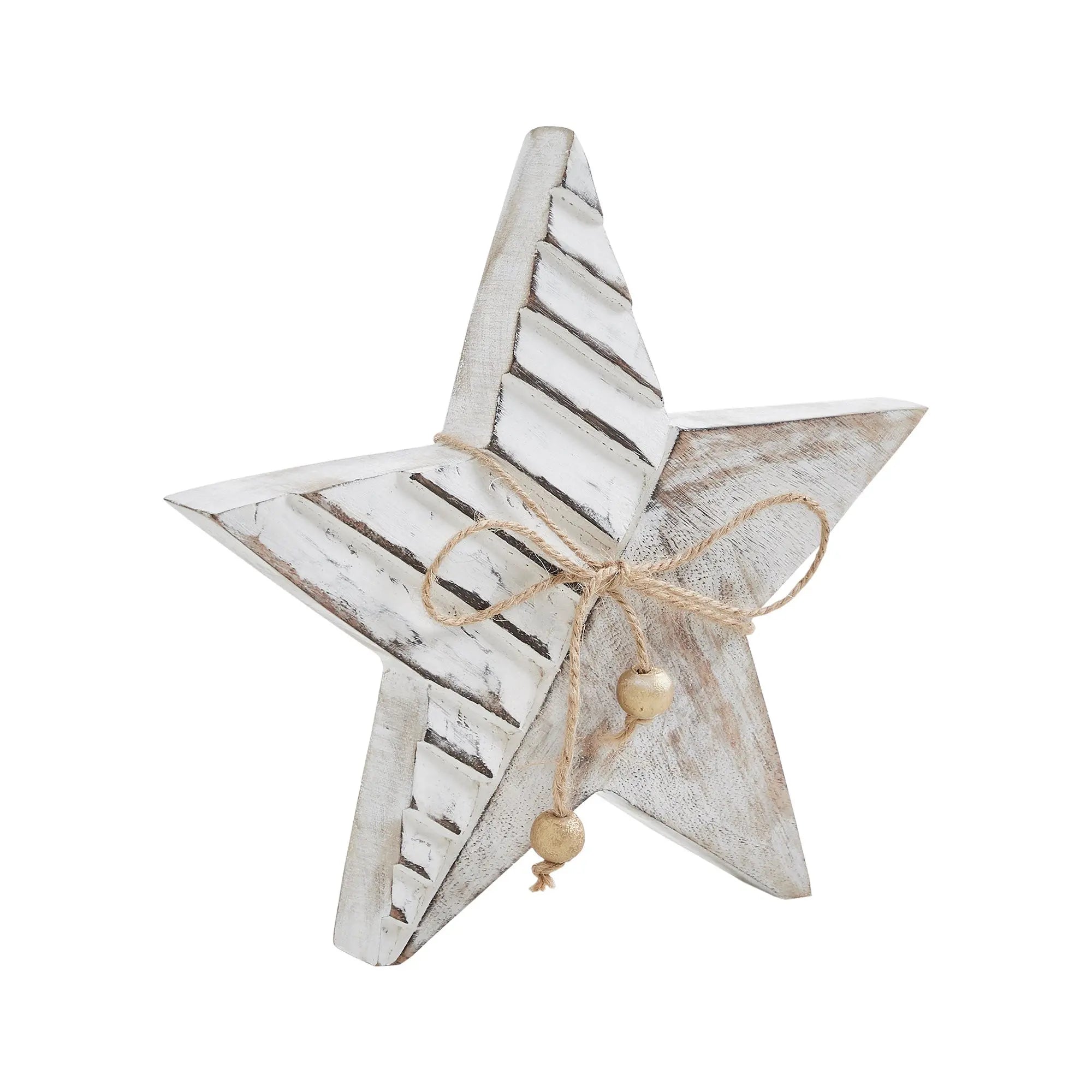 Decorative wooden star with a string and beads on a white background