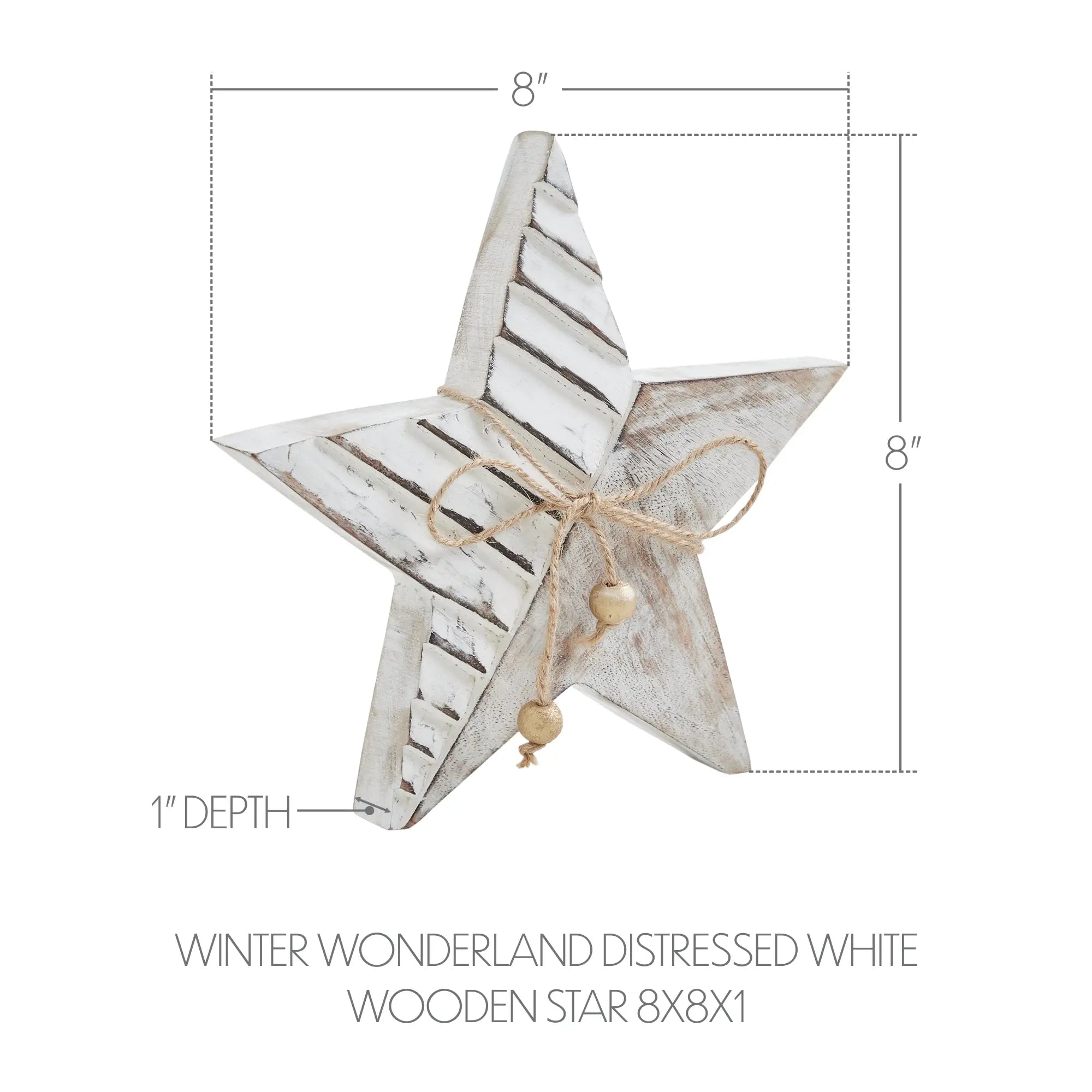 Wooden star decoration with jute string and beads, shown with dimensions on a white background.