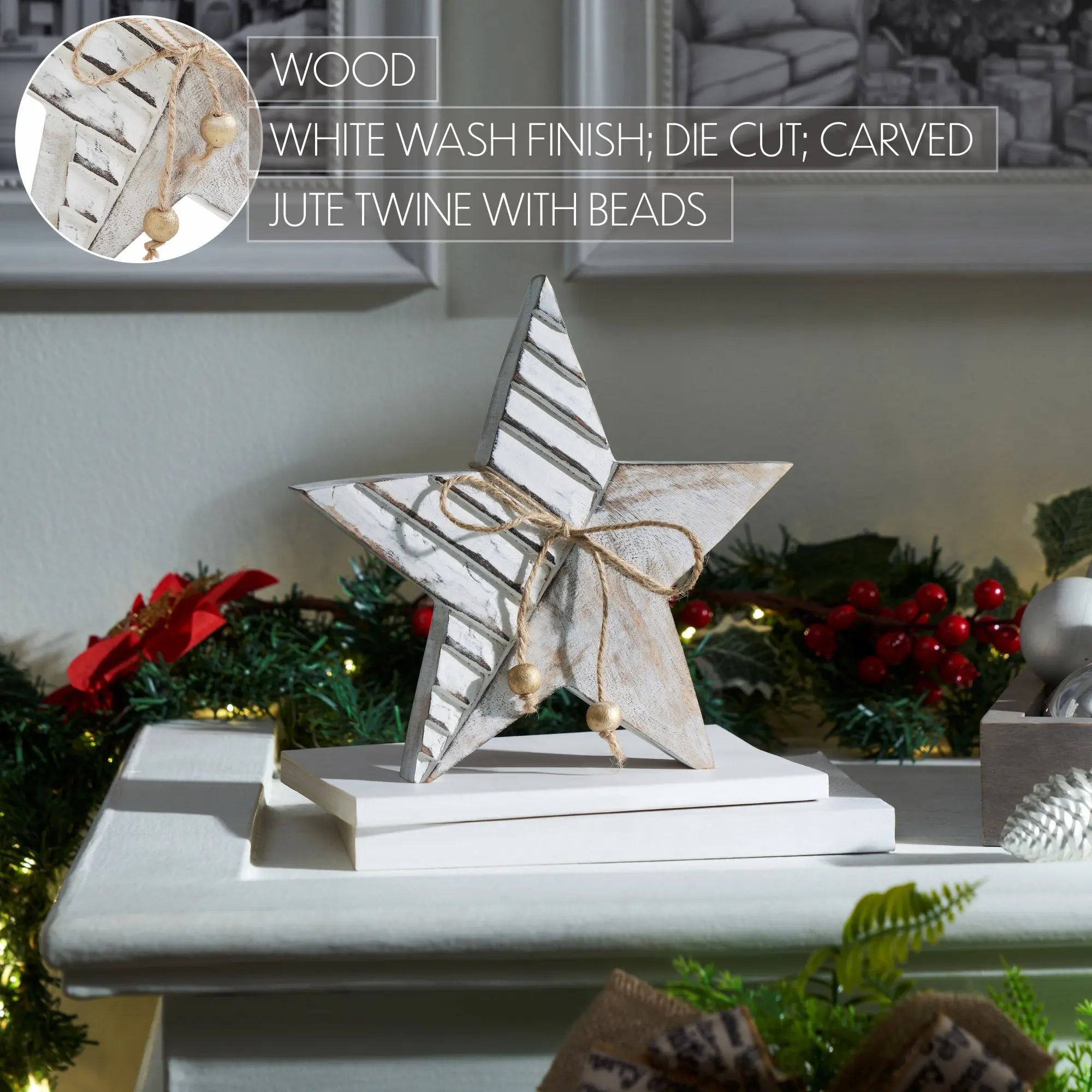 Decorative star with jute twine and beads on a Christmas-themed background