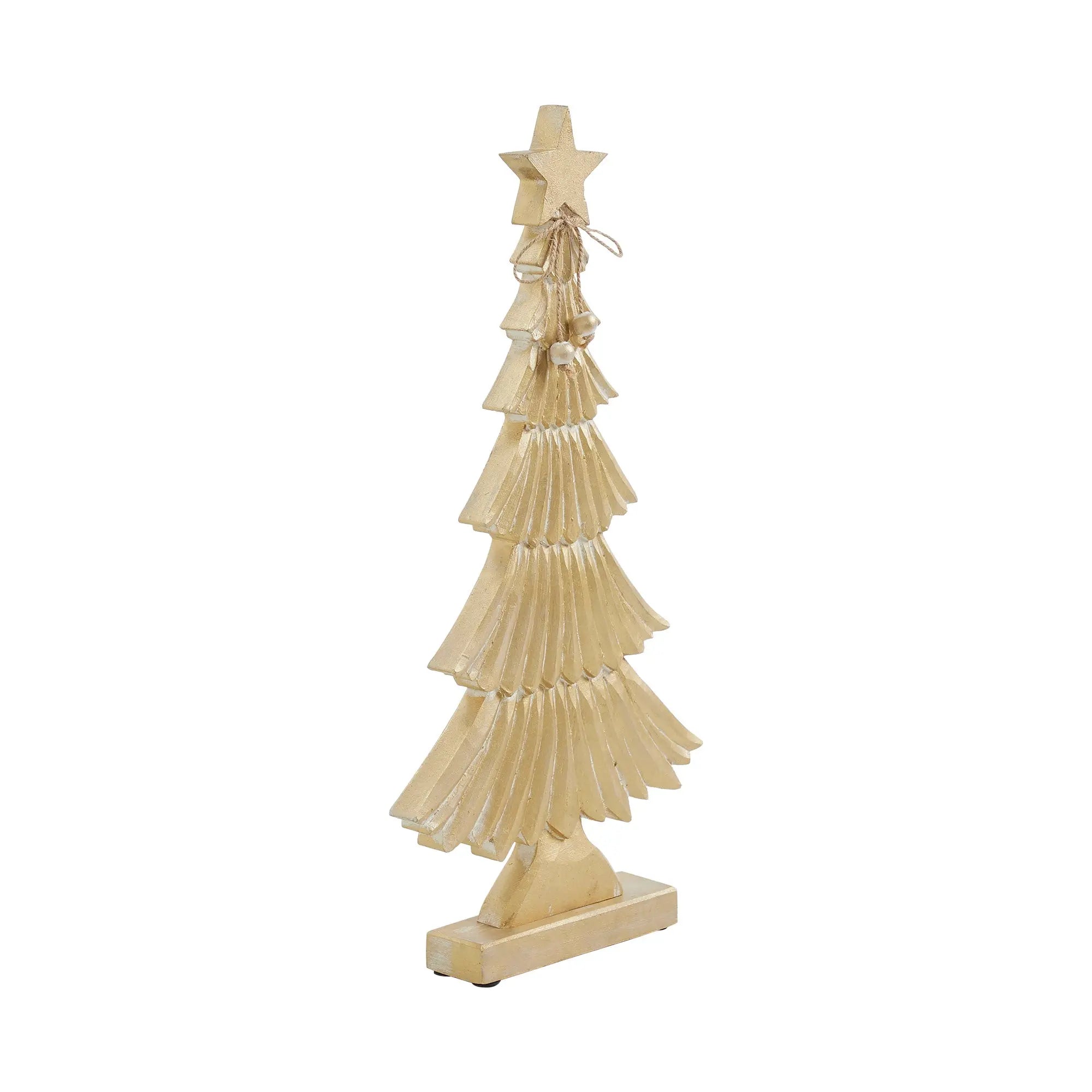 A small decorative Christmas tree made from layered gold-toned paper fan wings, topped with a star and standing on a rectangular base against a plain white background.