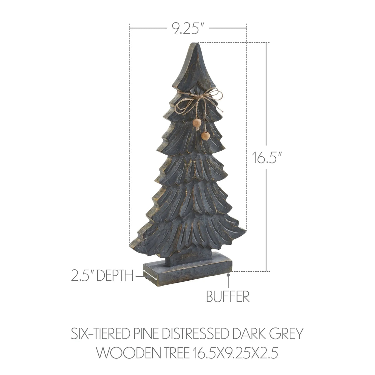 A six-tiered pine decorative tree in distressed dark grey wood, shown with dimension lines indicating a height of 16.5 inches, width of 9.