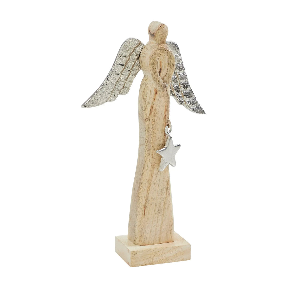 A wooden angel figurine with silver-painted wings and a silver star ornament, standing on a small wooden base against a plain white background.