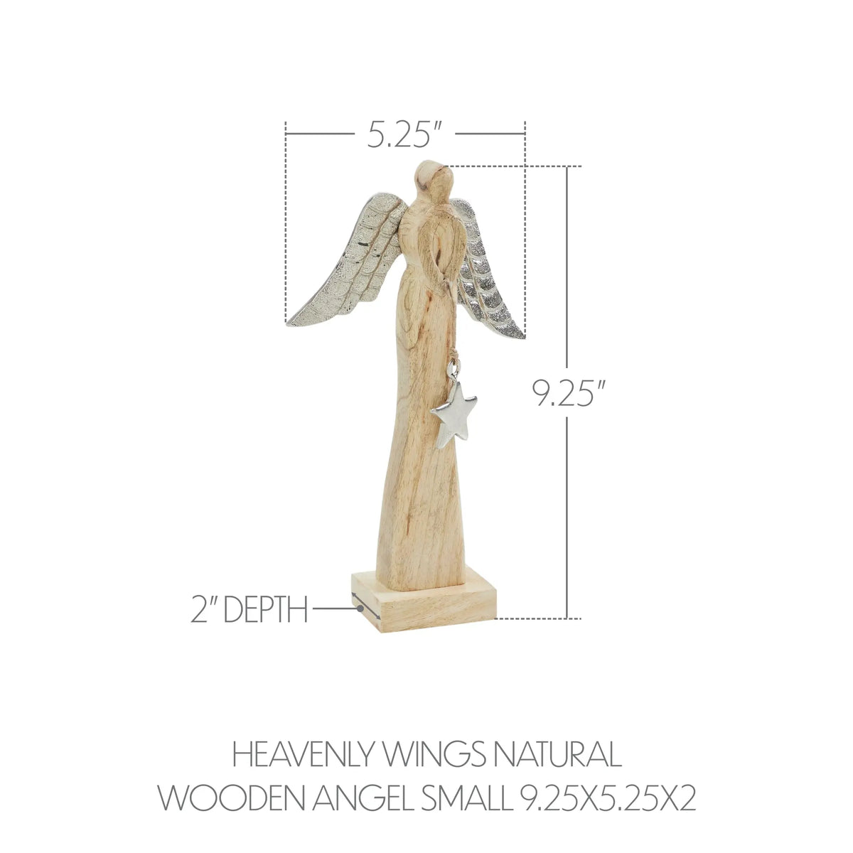 Wooden angel figurine with measurements on a white background