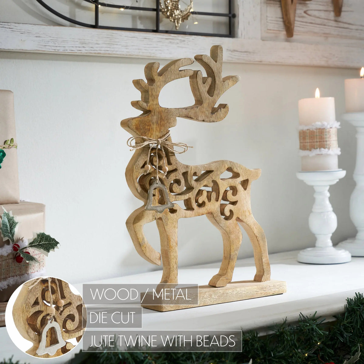 Ornate Prancer Wooden Reindeer – Large, 16.5 Inch