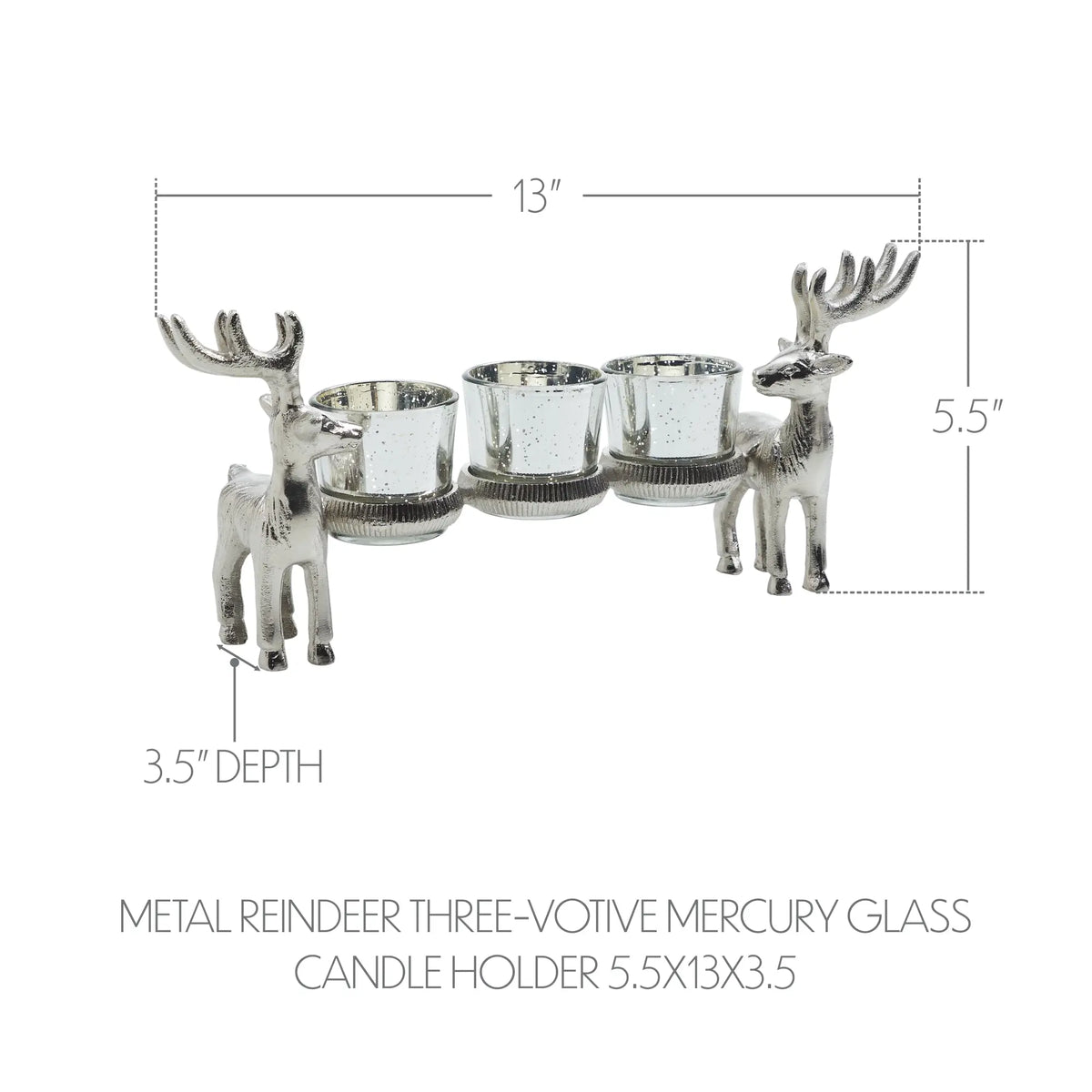 Metal reindeer three-votive mercury glass candle holder with dimensions on a white background