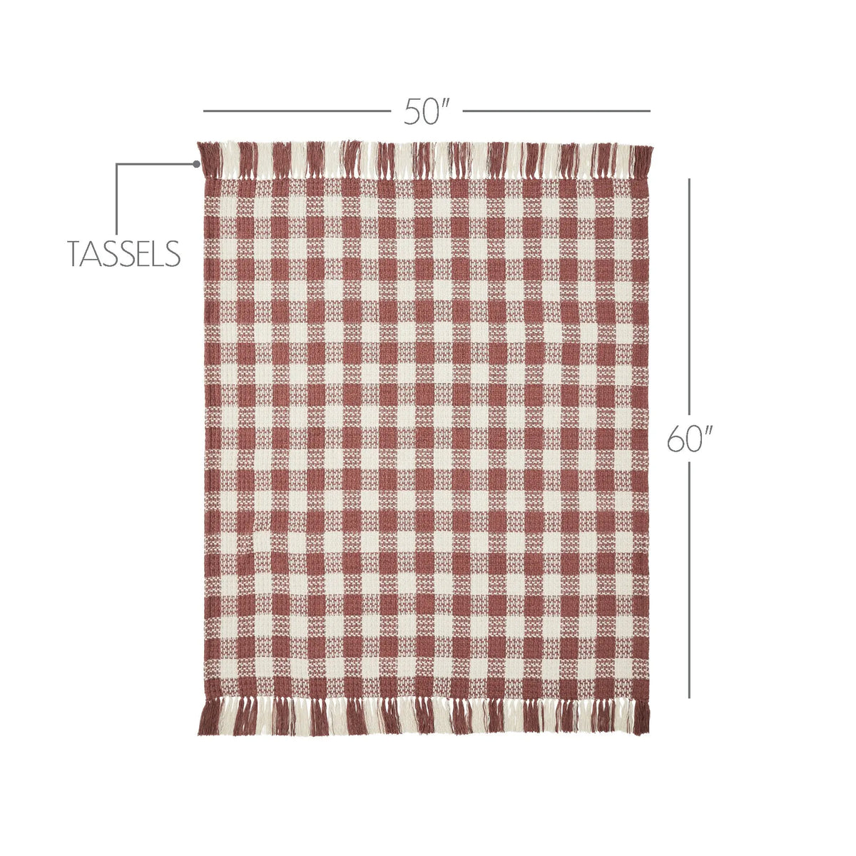 Red and white checkered throw blanket with tassels and dimensions on a white background