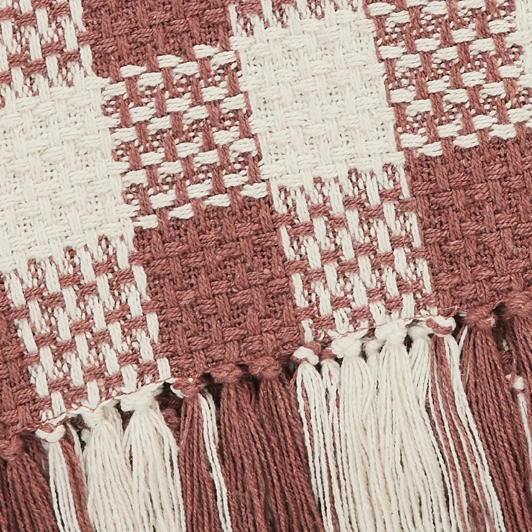 Close-up of a woven fabric with a checkered pattern in red and white.