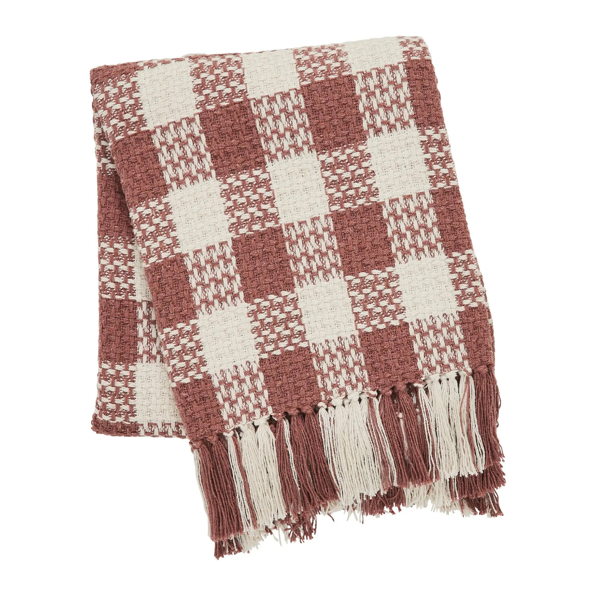 Plaid blanket with red and white check pattern on a white background
