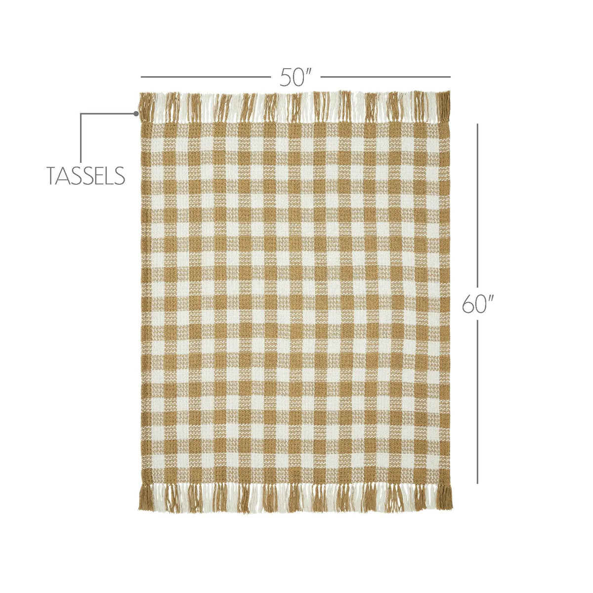 Plaid blanket with tassels and dimensions on a white background