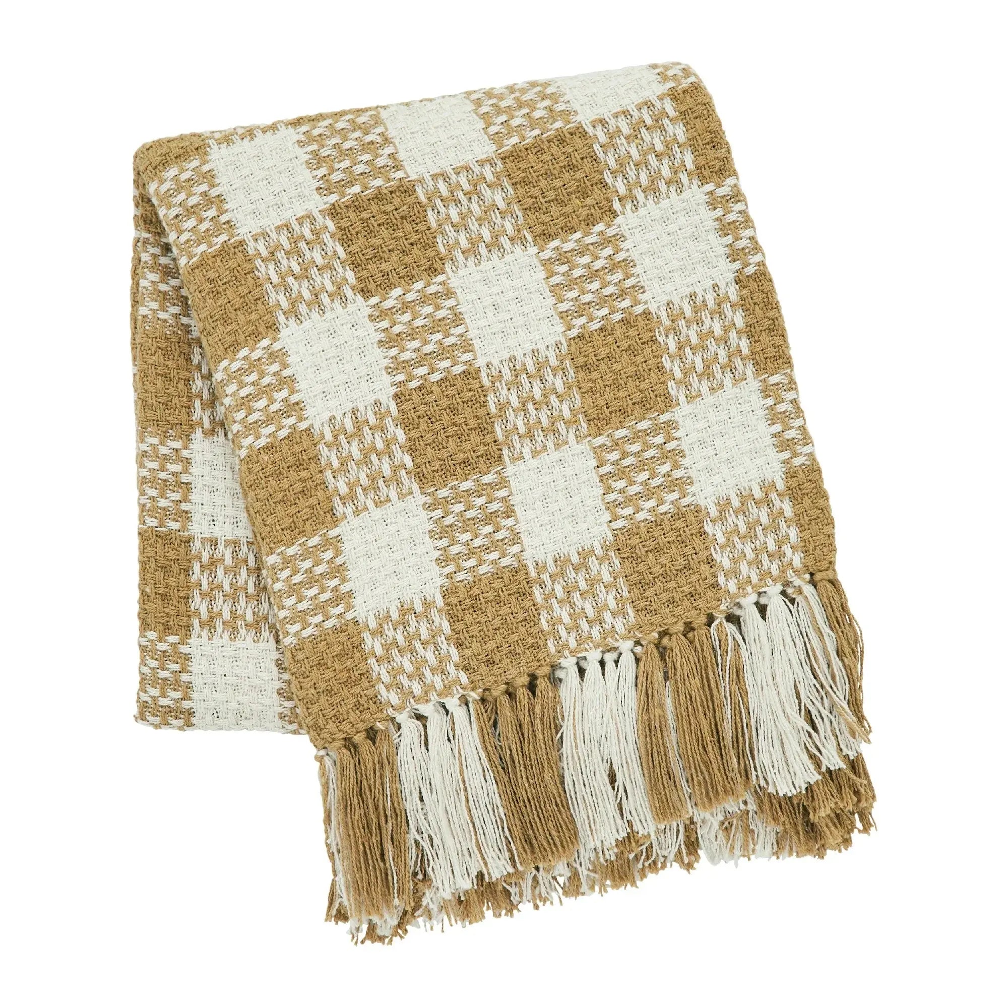 Plaid blanket with brown and white colors on a white background
