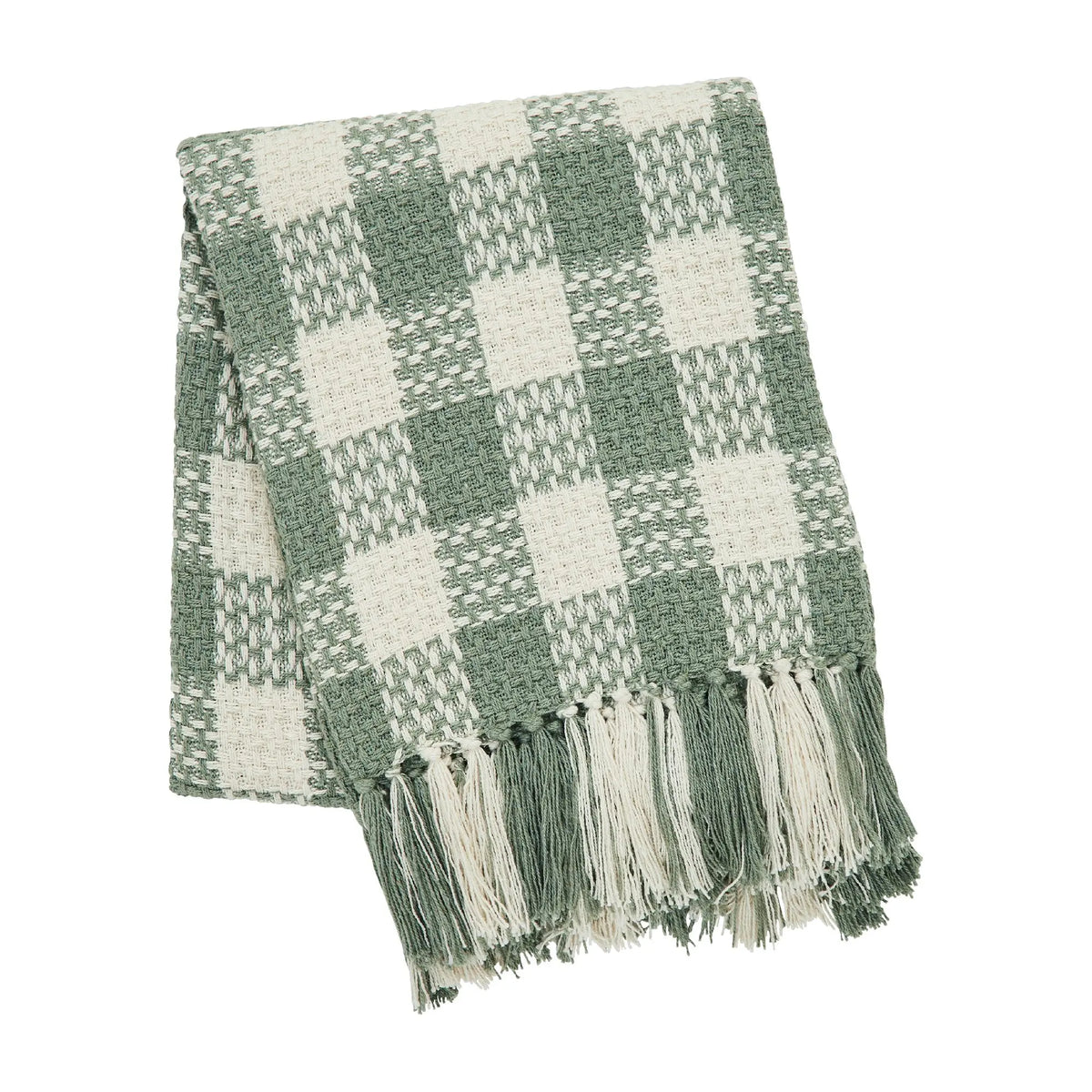 Green and white checkered throw blanket with fringes on a white background