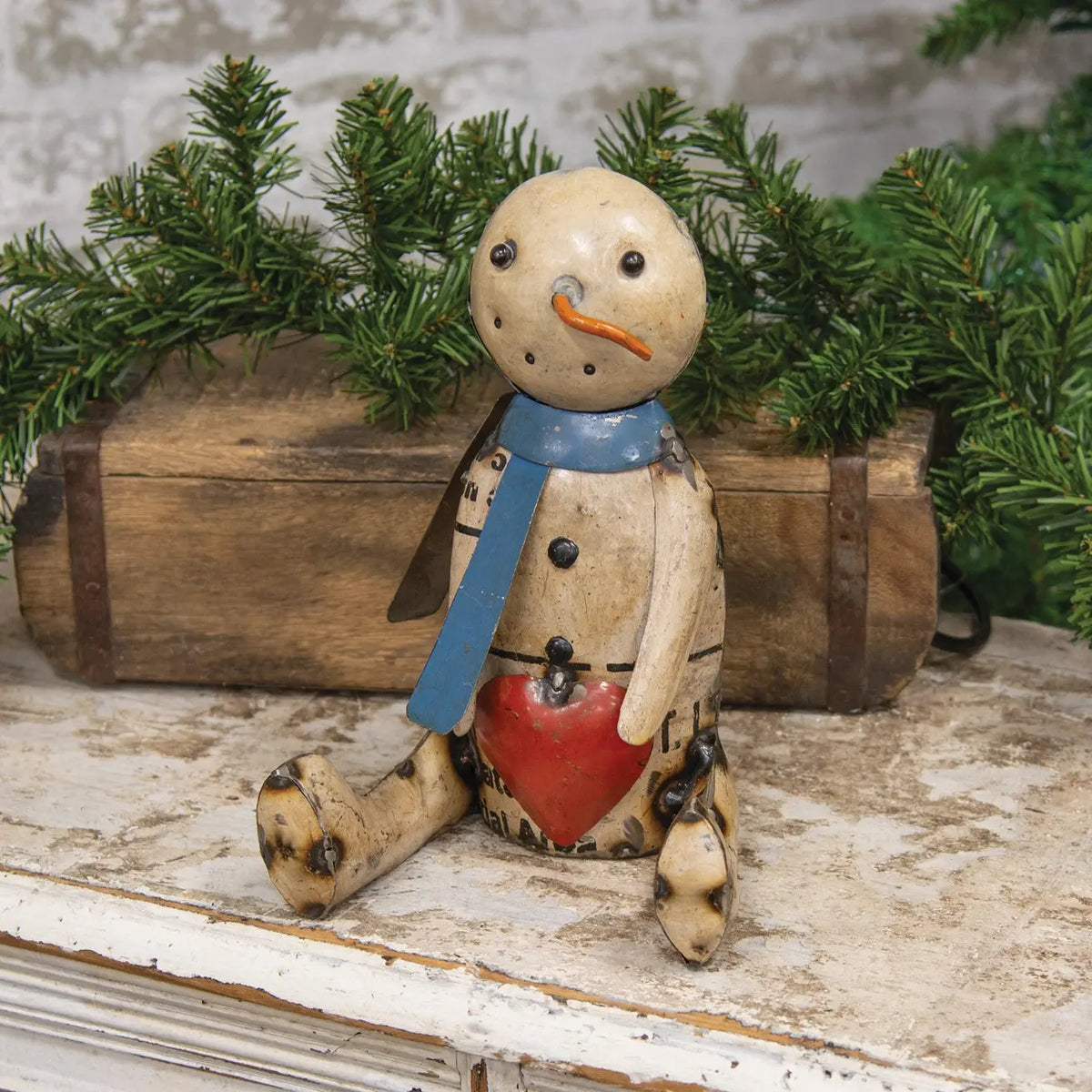 Recycled Metal Sitting Heart Belly Snowman – 9 Inch