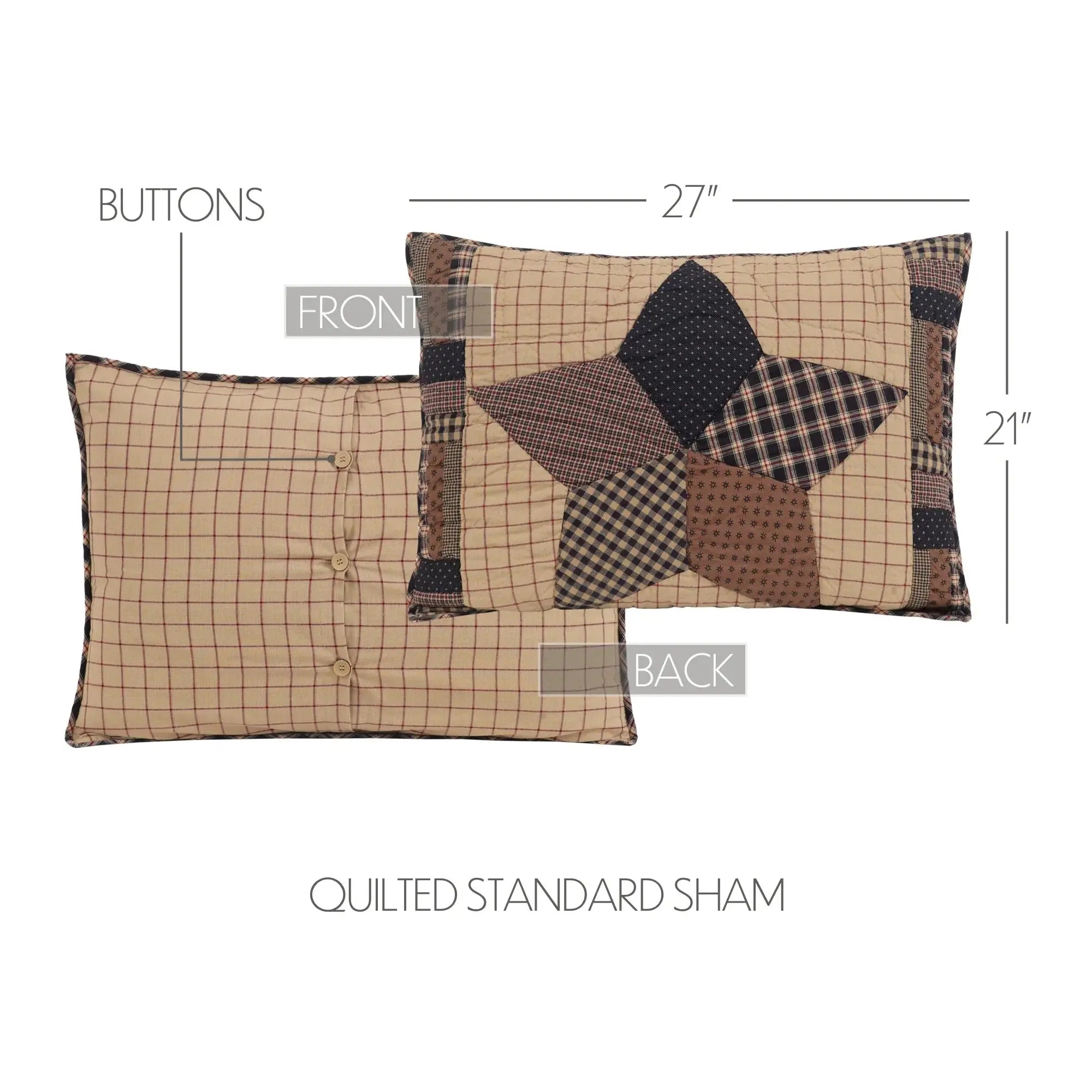 Quilted standard sham with star patchwork, plaid patterns, and button closure, farmhouse decor
