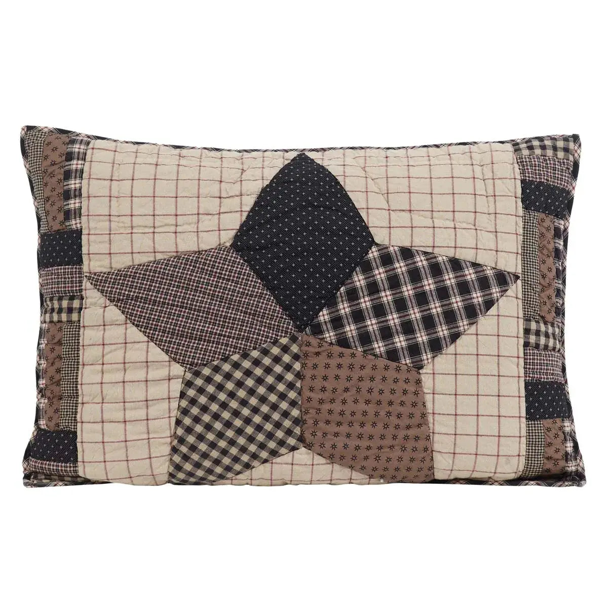 Farmhouse patchwork pillow with star design, plaid and checkered patterns for cozy cottage decor
