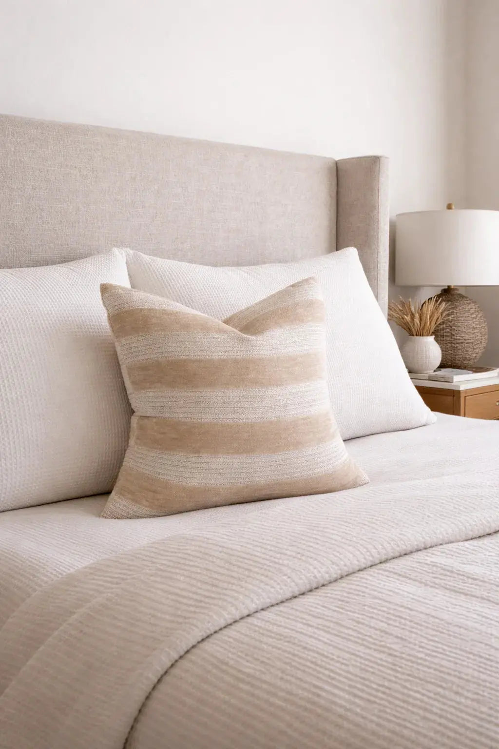 Cozy farmhouse bedroom with striped throw pillow, textured bedding, and neutral linen headboard