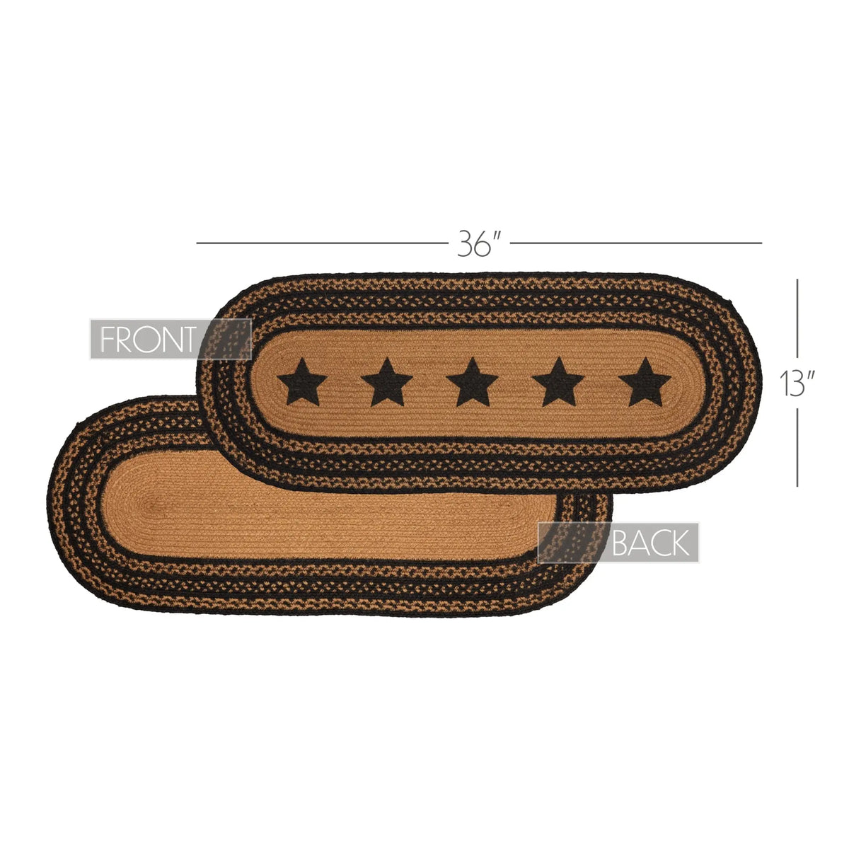 Brown braided rug with star pattern and measurements on a white background