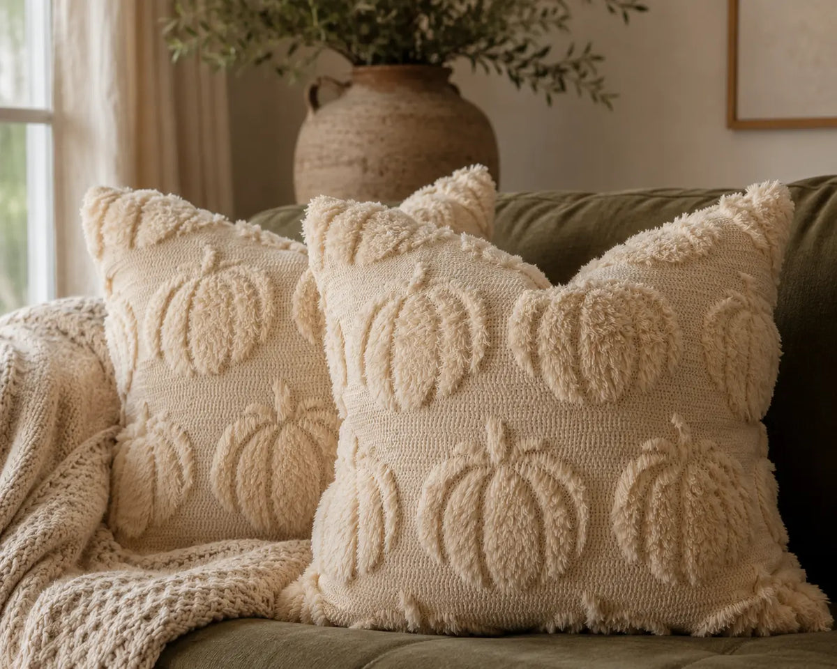 Two cream-colored textured throw pillows with raised pumpkin motifs, styled on an olive green couch with a matching knit throw blanket and a rustic vase in the background.