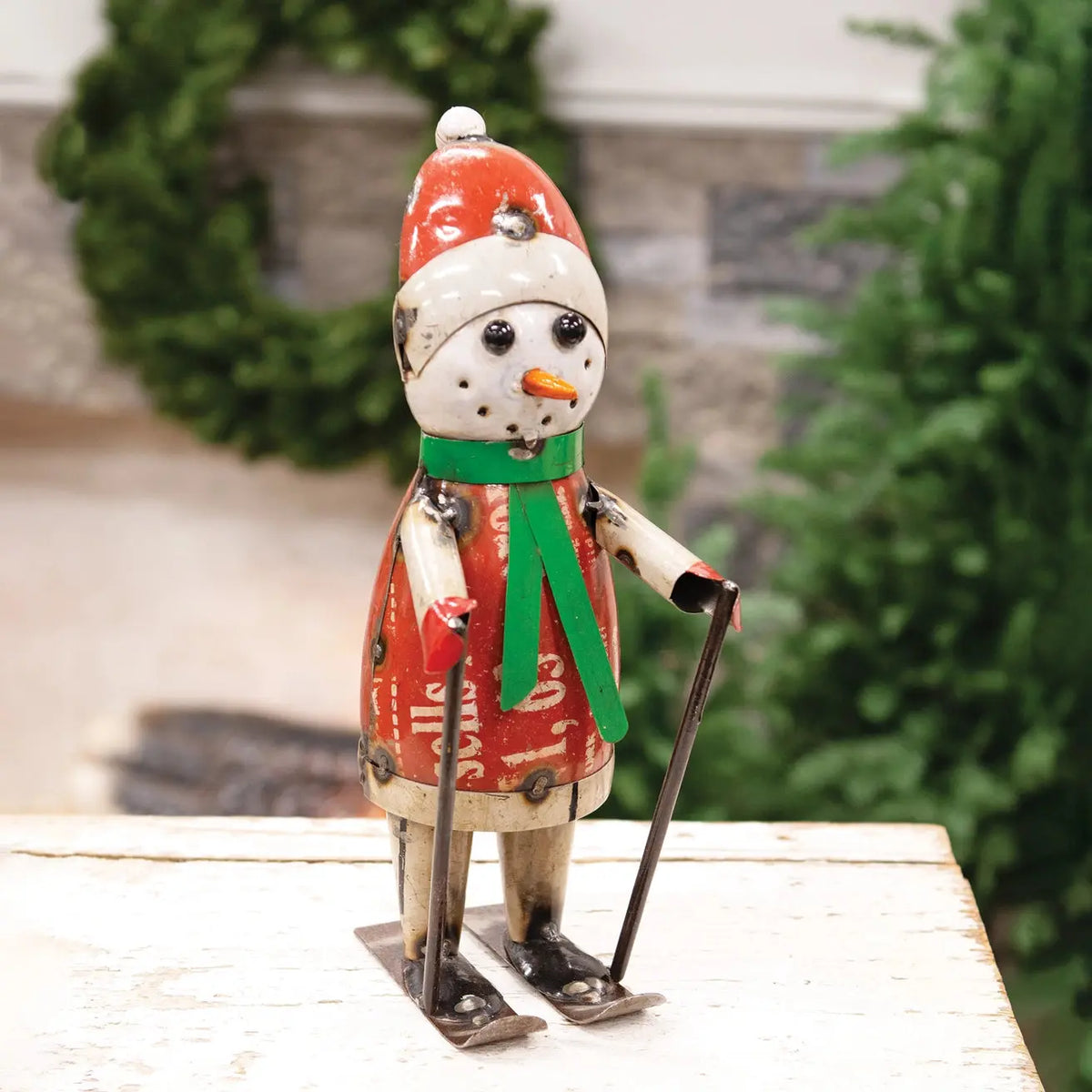 Recycled Metal Skiing Stuart Snowman Figurine – 12"