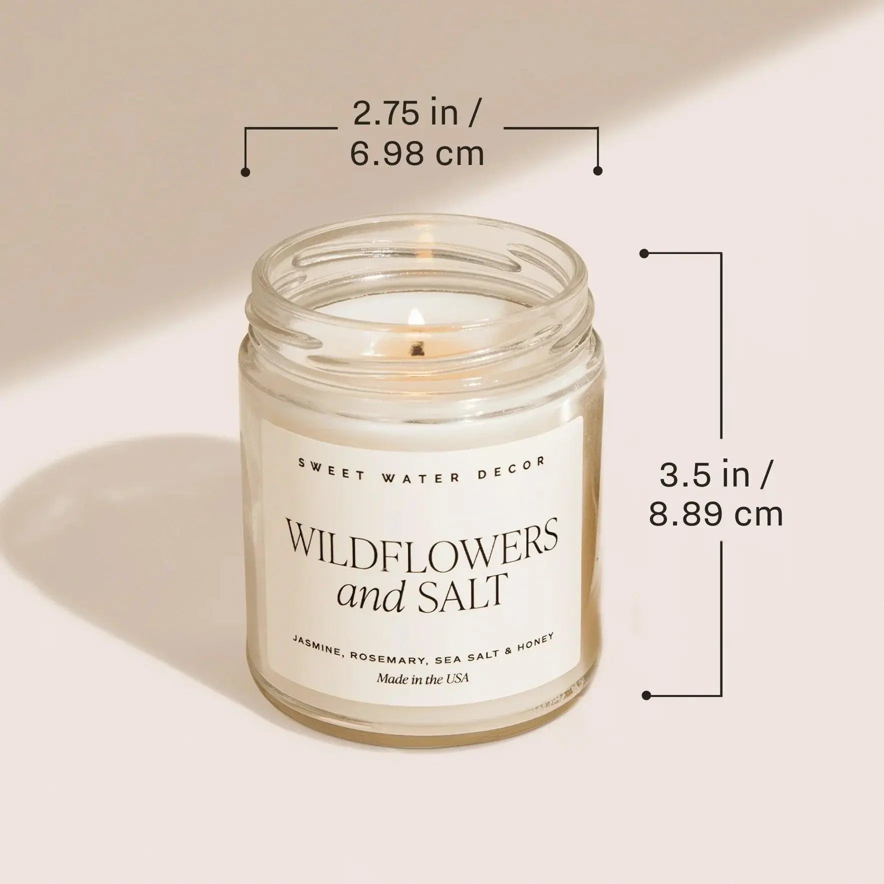 Wildflowers and Salt scented candle in clear jar, cozy farmhouse decor with jasmine rosemary notes, Made in USA
