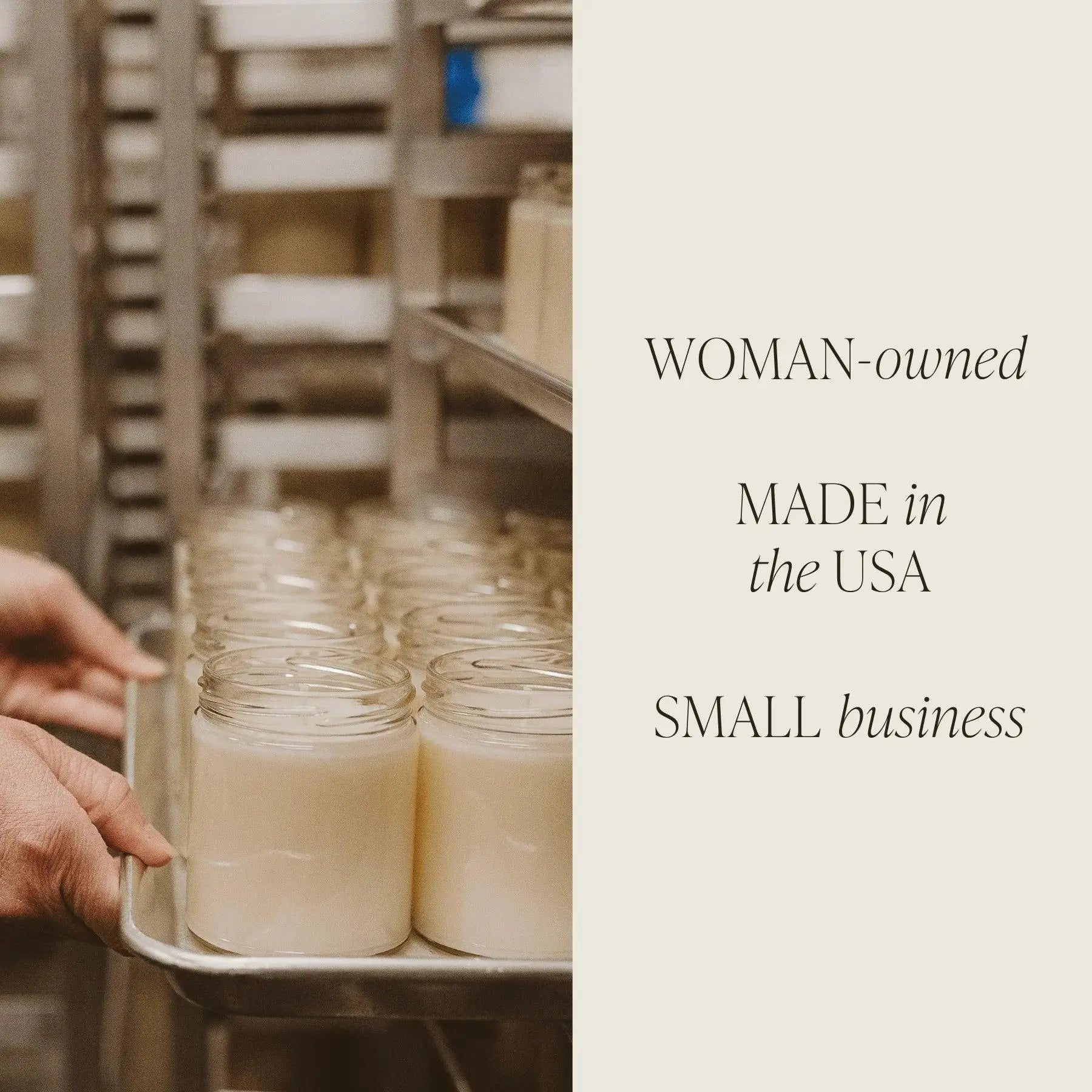 Hand holding tray of handmade candles, woman-owned small business made in USA, cozy home decor