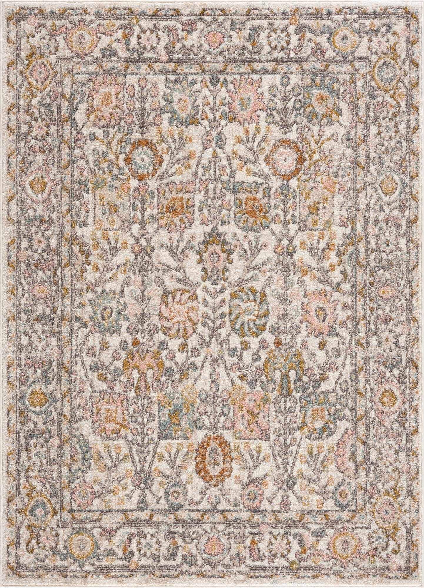 Vintage-style floral area rug with soft pastel tones, perfect for cozy farmhouse or cottage decor.