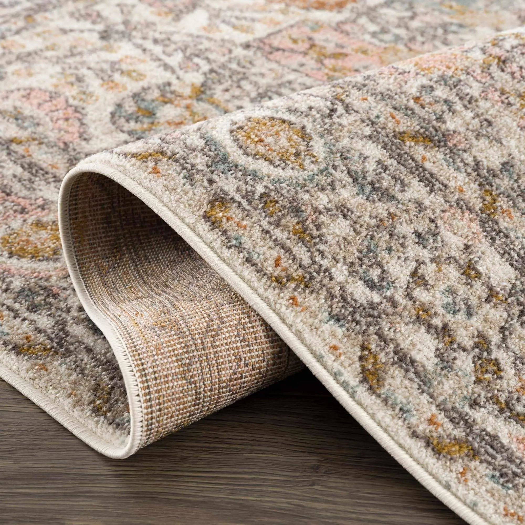 Cozy farmhouse area rug with vintage floral pattern, soft texture, and neutral tones for living room decor