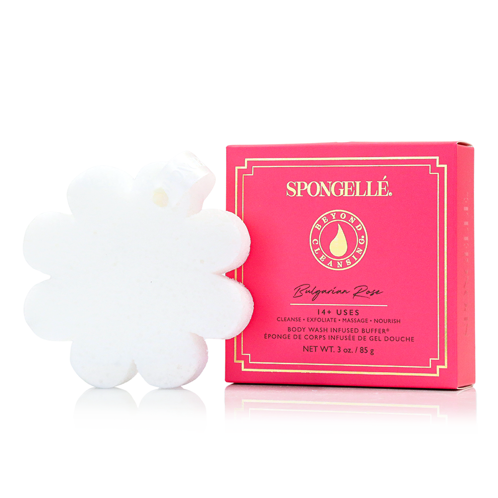 Spongellé body wash bars with pink packaging on a white background