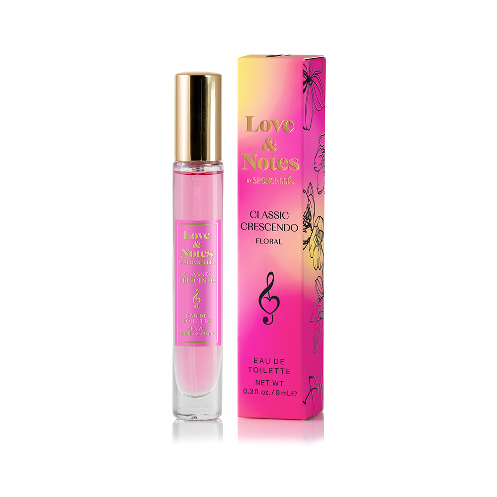 Pink perfume bottle and packaging with 'Love & Notes' branding on a white background