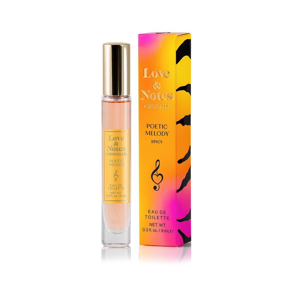 Love & Notes Poetic Melody spicy eau de toilette bottle and packaging on a white background