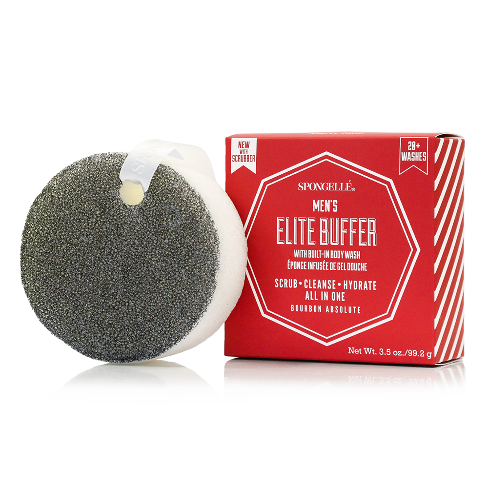 Men's Elite Buffer by Spongelette with red packaging on a white background