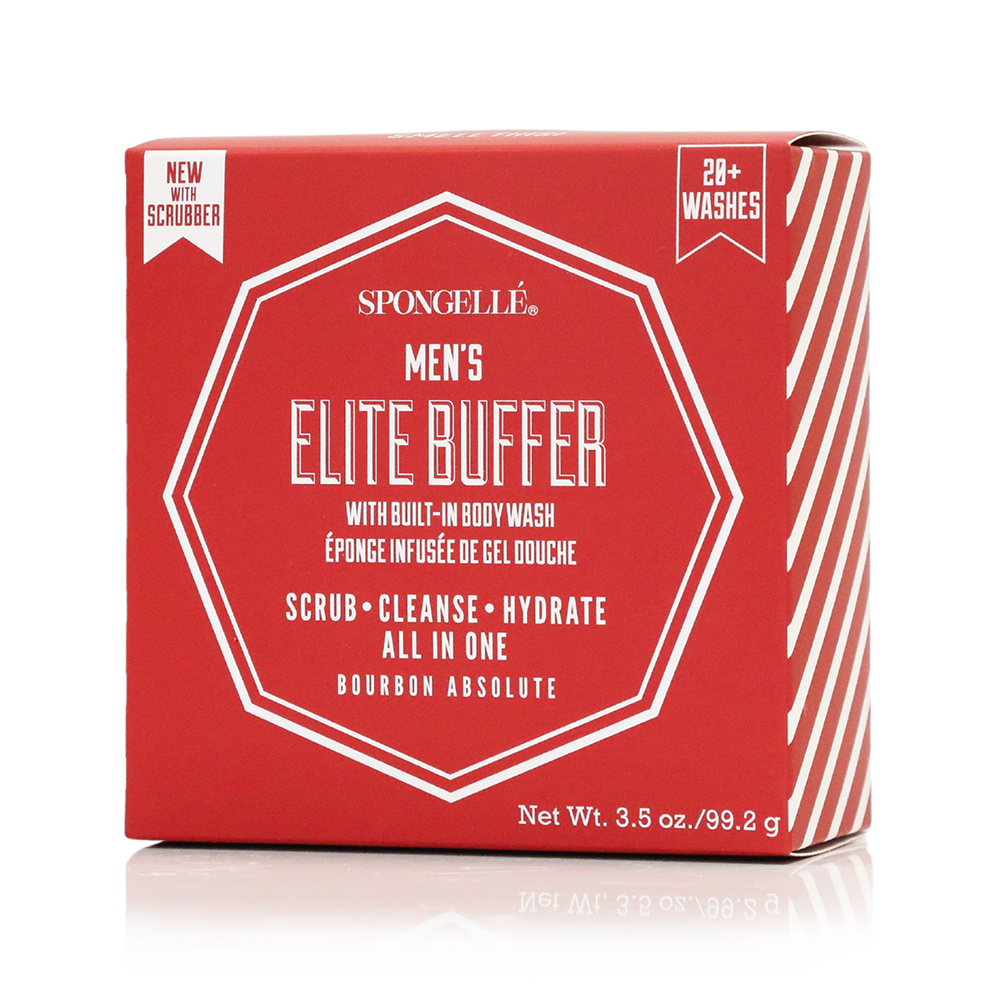 Red box of Spongellé Men's Elite Buffer with white text on a white background
