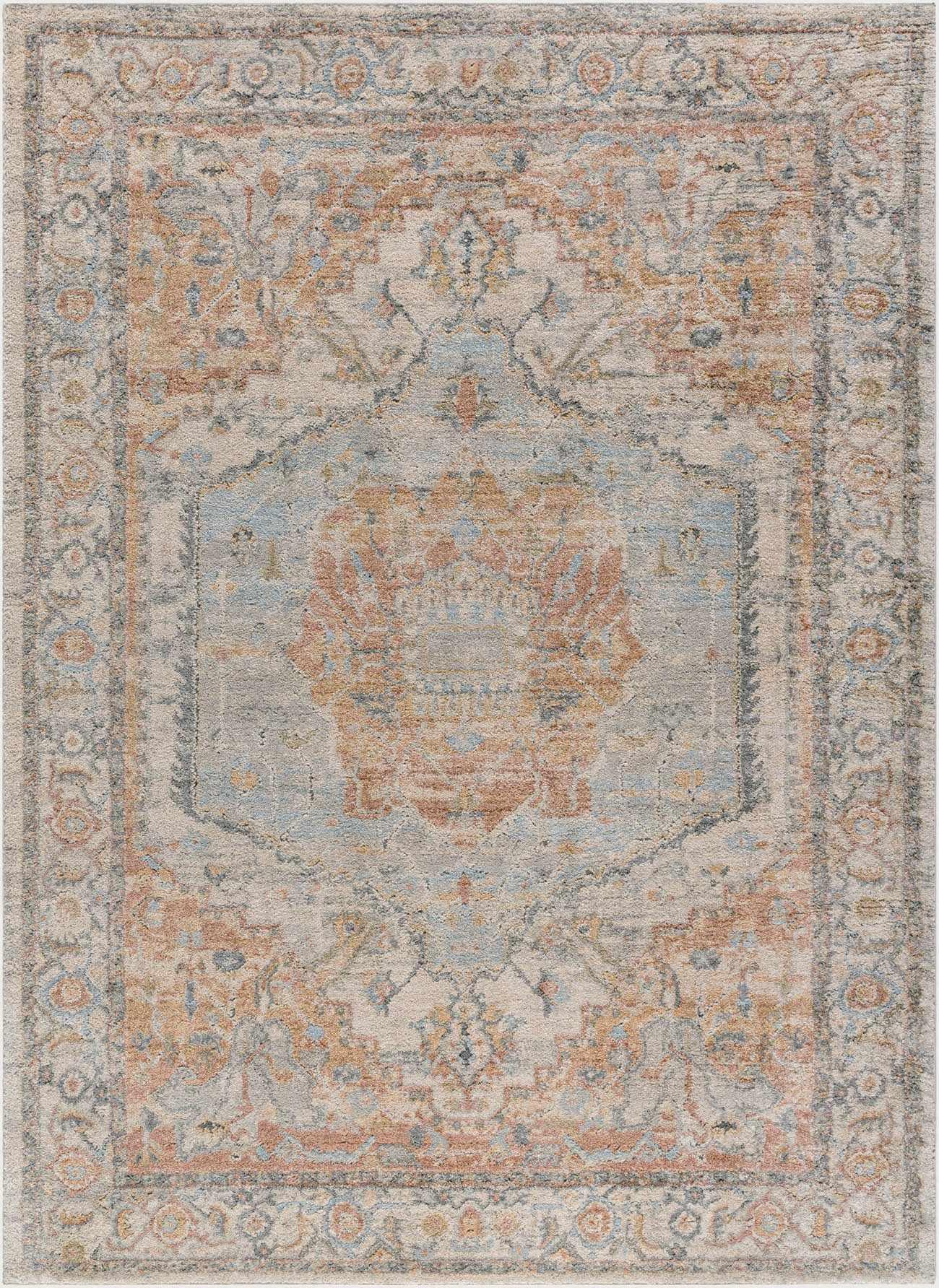 Vintage-style area rug with muted blue, peach, and gray floral patterns for cozy farmhouse decor