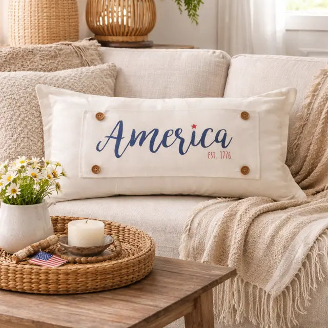 A rectangular cream throw pillow with 'America Est. 1776' embroidered in navy and red on the front, styled on a beige sofa in a cozy living room setting.