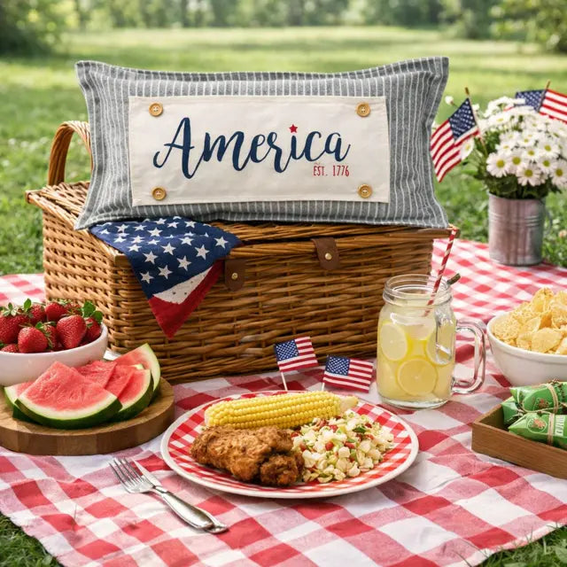 PANEL ONLY: RECTANGLE Summer, Star, Red, White and Blue, Cursive, Est. Vintage, Farmhouse; AMERICA 1776