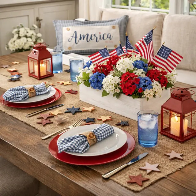 A styled 4th of July table setting on a wooden dining table, featuring red and white plates, blue and white gingham napkins, red lanterns with lit candles, a patriotic floral centerpiece with red, white, and blue hydrangeas and mini American flags, and wooden star decorations.