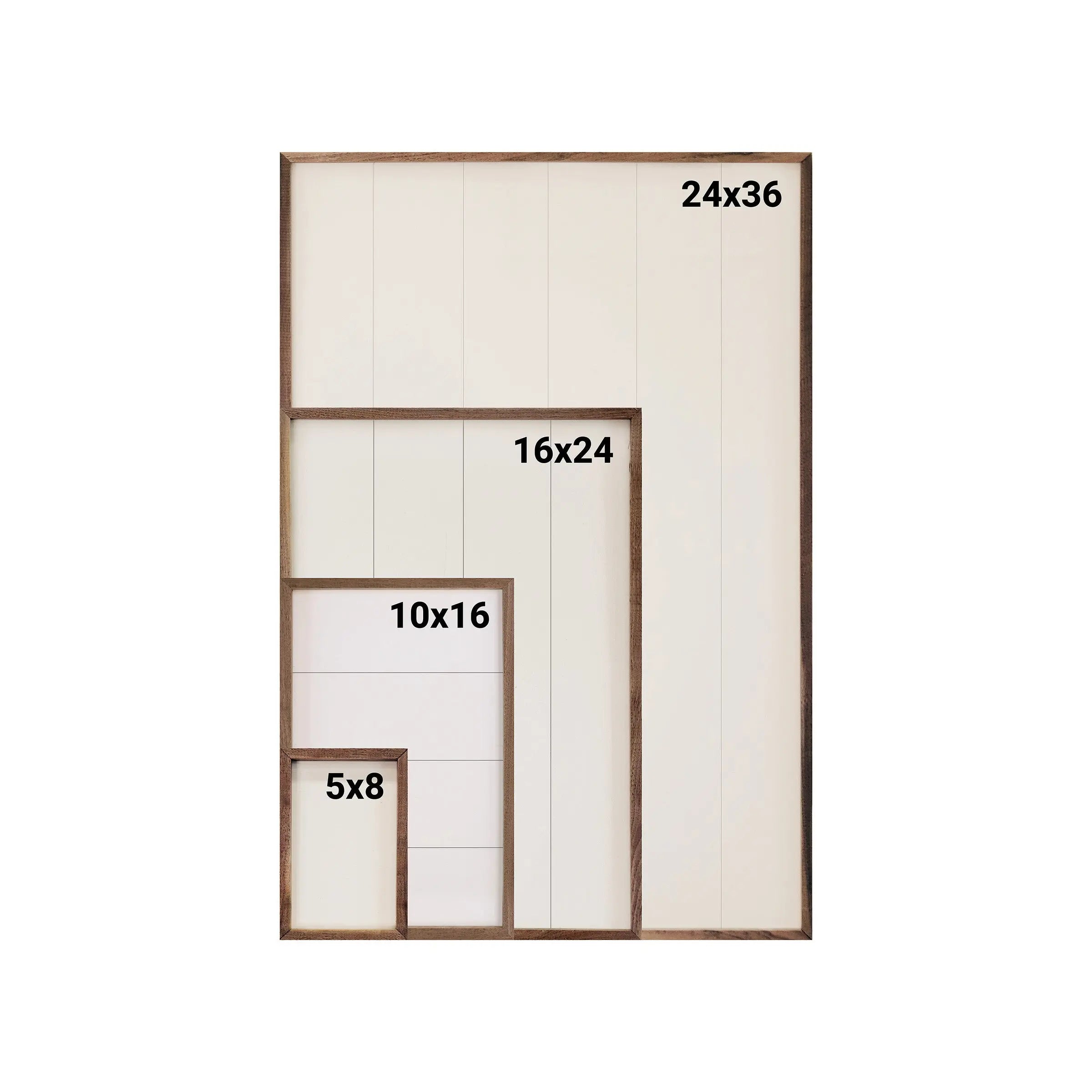 Set of wooden frames with measurements on a white background