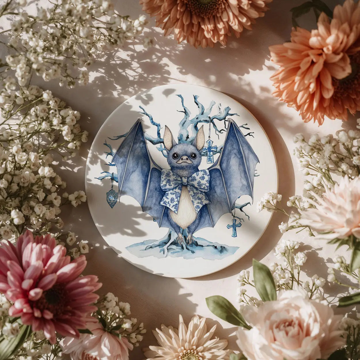 Decorative plate with a blue bat design surrounded by flowers