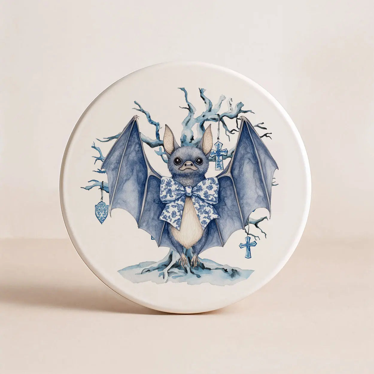 Decorative plate with a bat illustration wearing a bow tie on a beige background