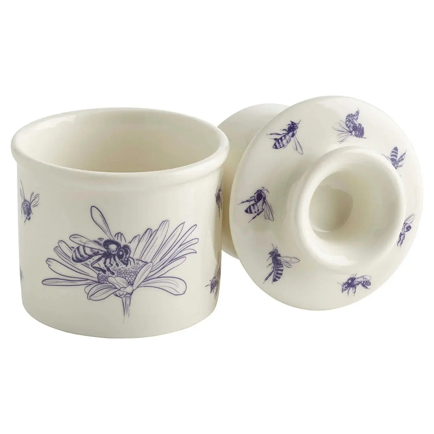 Cream ceramic jar with blue bee and flower design, farmhouse-style home decor