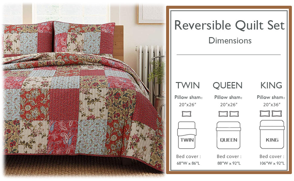 A patchwork reversible quilt set displayed on a bed in a bedroom, with a sizing information panel on the right showing dimensions for Twin, Queen, and King sizes.
