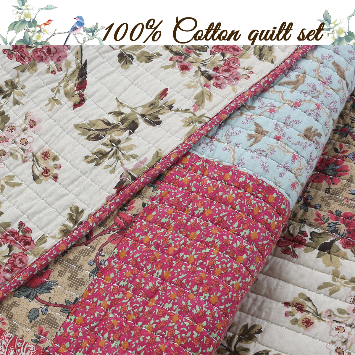 A folded quilt set with a floral and bird print, featuring a pink floral patterned section, a light blue section, and a cream section with green and pink floral details. A banner at the top reads '100% Cotton quilt set' with a small bird illustration.