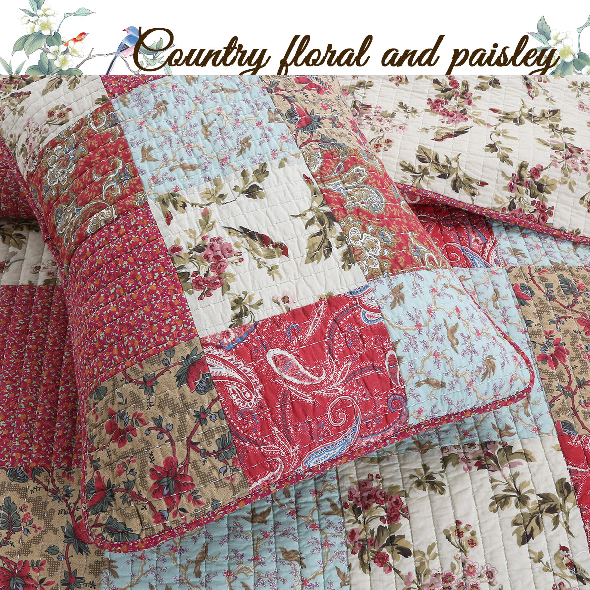 Patchwork quilt with floral and paisley patterns on a neutral background