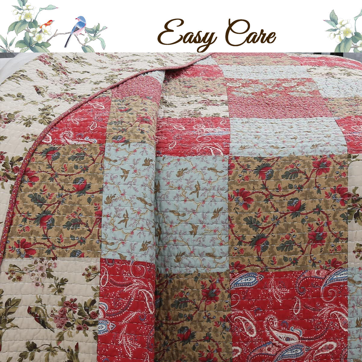 Patchwork quilt with floral and paisley patterns, featuring the brand 'Easy Care'.
