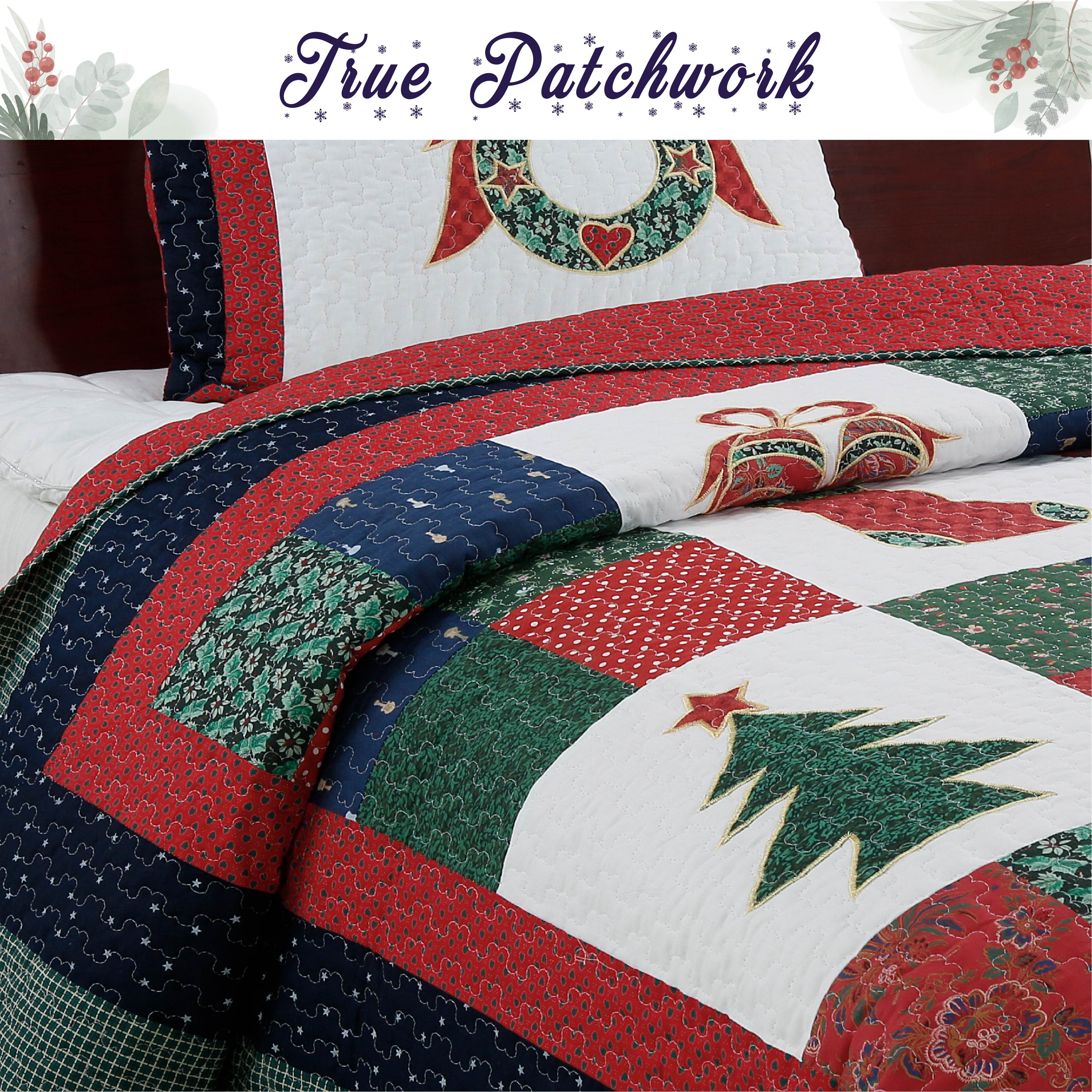 A Christmas-themed patchwork quilt set with red, green, and white blocks, featuring a tree of life patch, a wreath patch, and a jingle bell patch, shown on a bed with matching pillows. A banner at the top reads 'True Patchwork'.