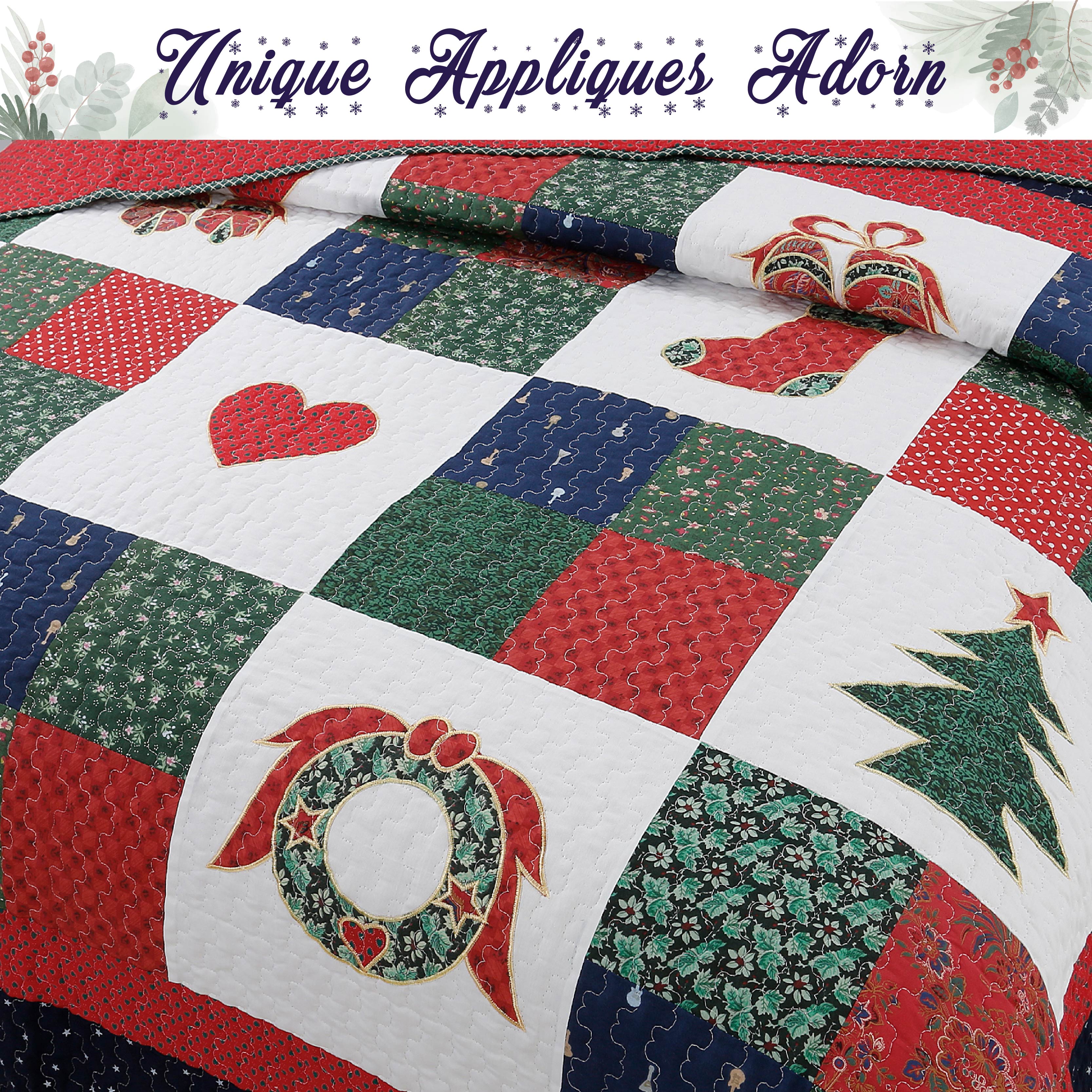 A Christmas-themed patchwork quilt with red, green, and white squares, featuring applique designs of a wreath, stocking, Christmas tree, and hearts. The quilt is draped to show its pattern, with a decorative banner at the top reading 'Unique Appliques Adorn'.