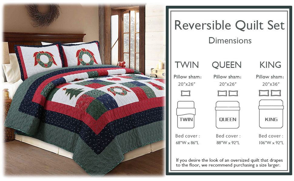 A holiday-themed reversible quilt set displayed on a bed in a bedroom, alongside a size chart graphic detailing dimensions for Twin, Queen, and King sizes.