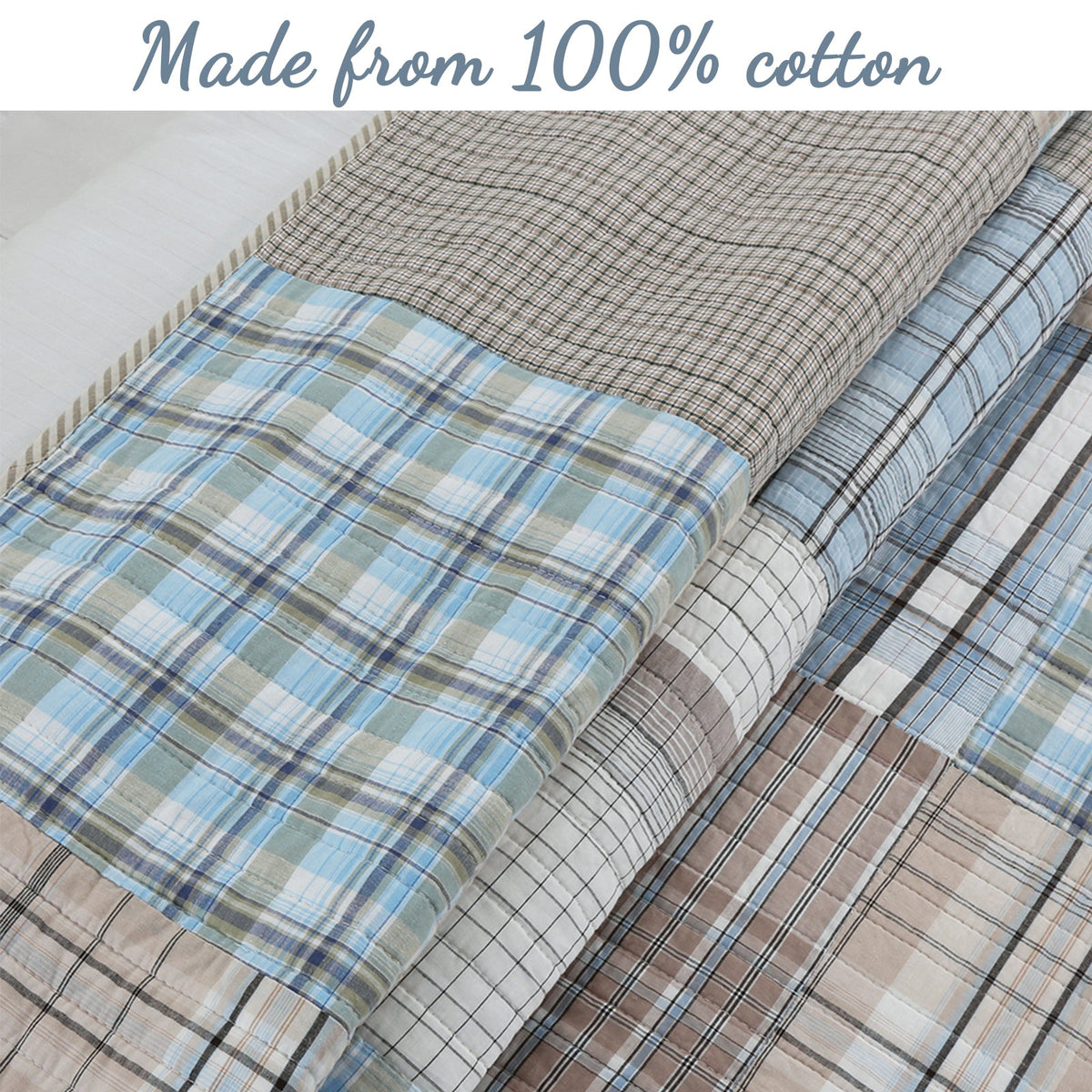 Folded plaid cotton bedding or fabric pieces in soft blue, beige, gray, and white tones, with a text banner at the top reading 'Made from 100% cotton'.