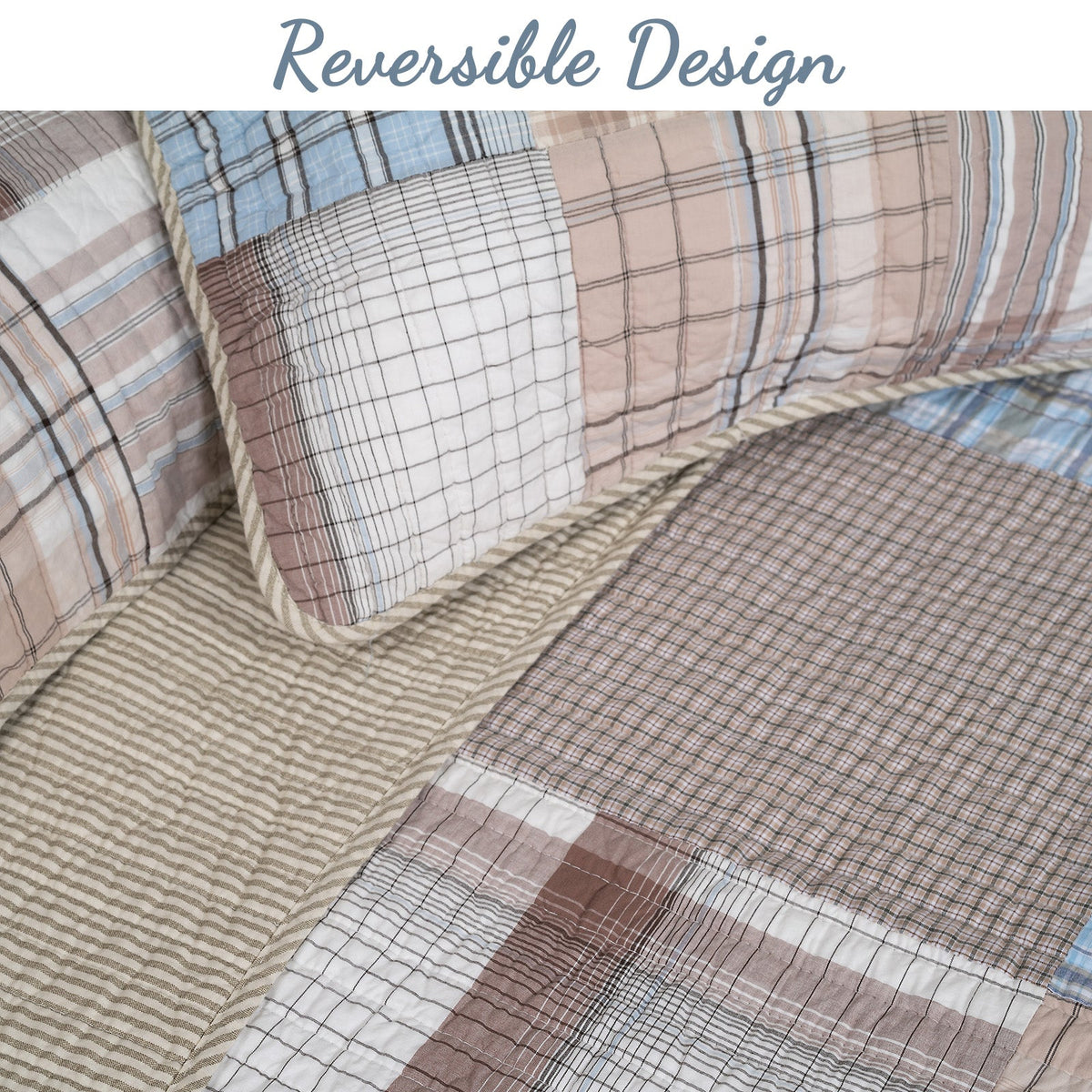 A close-up of a patchwork quilted bedding set with multiple plaid and striped fabric panels in beige, brown, white, and light blue, featuring a rope-style pillow trim and the text 'Reversible Design' at the top.