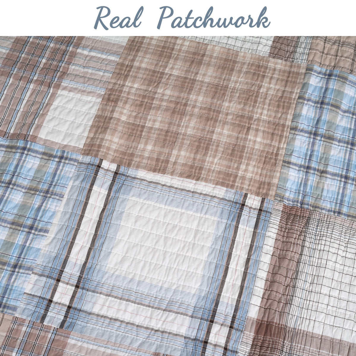 A close-up of a patchwork quilted fabric with plaid and checkered patterns in brown, beige, light blue, and white. The text 'Real Patchwork' is written at the top.