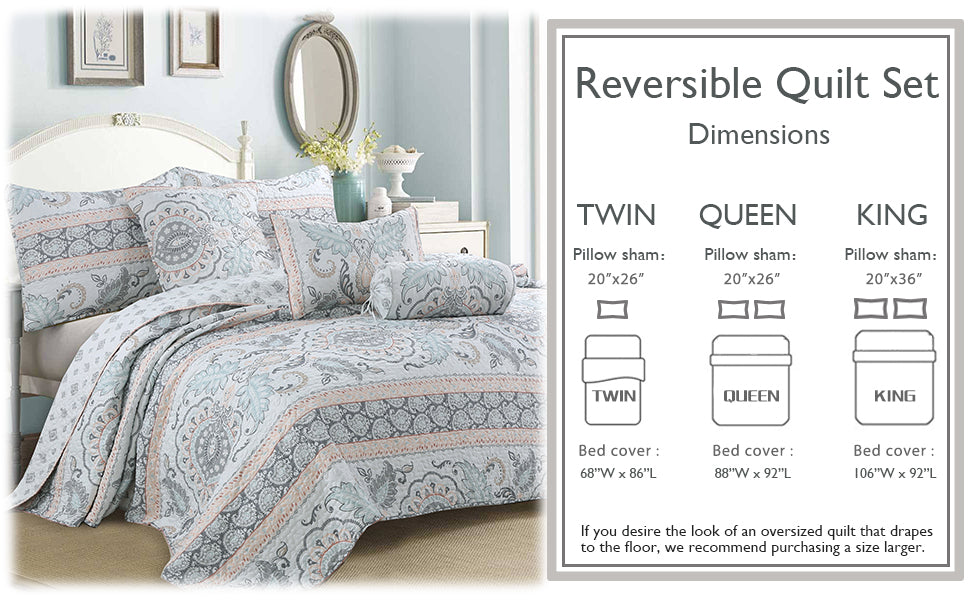 Quilt Sizes. Peach paisley floral reversible quilt bedding set with aqua blue and grey accents on a farmhouse style bed.